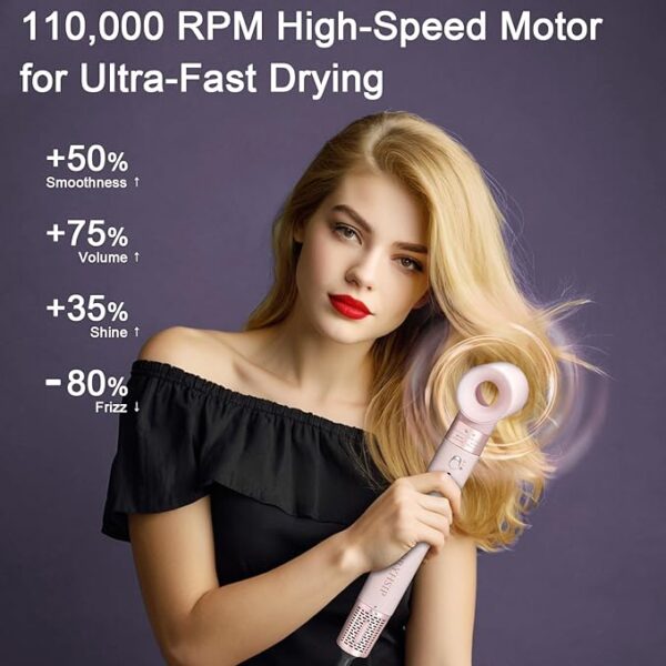 6 in 1 Hair Dryer Brush Set High-Speed 110,000 RPM Ionic Hot Air Styler with Auto Curlers Intelligent Heat Control Negative Ionic Blow Dryer for Fast Drying Curling Straightening Volumizing with Case - Image 5