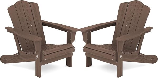 KINGYES Folding Adirondack Chair Set of 2, HDPE All-Weather Folding Adirondack Chair, Brown