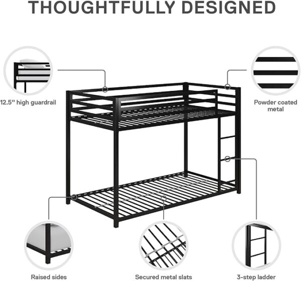 DHP Miles Low Metal Bunk Bed Frame for Kids, With Built-in Ladder, High Guardrail and Metal Slats, Floor Bed Bottom Bunk, No Boxspring Required, For Small Spaces, Twin-Over-Twin, Black - Image 4