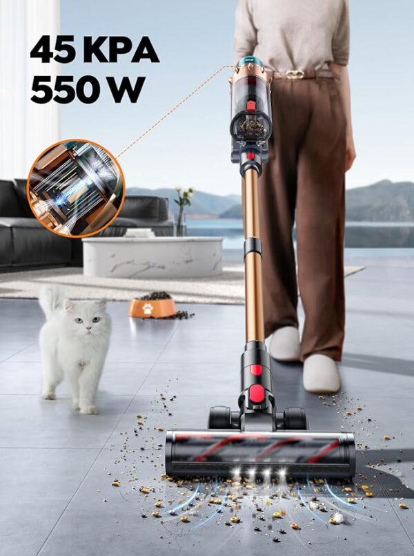 Cordless Vacuum Cleaner, 550W 45KPA 60 Mins Runtime Self-Standing Vacuum Cleaners for Home, Stick Vacuum with Charging Dock Station Removable Battery, Handheld Vacuum for Pet Hair/Carpet/Floor - Image 4