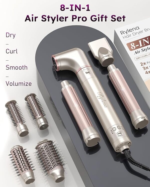 Deluxe 8-in-1 Air Styler Pro 2025 by Rylena, Hair Dryer Brush for Fast Drying, Auto Curling, Smoothing&Volumizing, 8 Attachable Heads, 110,000 RPM High-Speed Multi Styler, 600M Ionic Care, Stone - Image 3