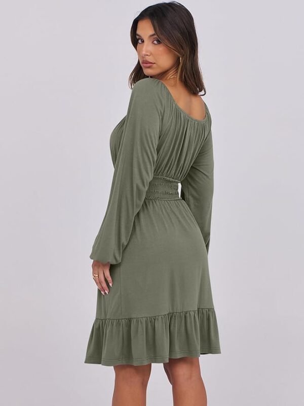 ANRABESS Womens Dress Long Lantern Sleeve Square Neck Elastic Waist Ruffle Flowy Swing A-Line Short Dresses Fall Fashion - Image 3