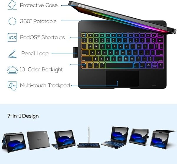 typecase Touch iPad 10th Generation Case with Keyboard (10.9", 2022) & iPad 11th (A16, 2025) - 360° Rotatable, 11-Color Backlight,Multi-Touch Trackpad, Thin & Light (Black) - Image 4