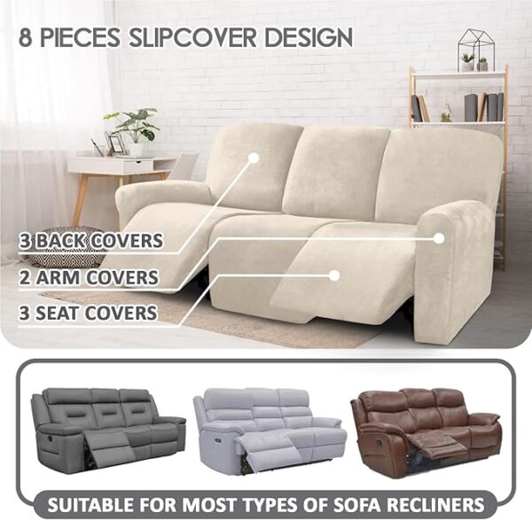 ULTICOR Velvet 8-Pieces Recliner Sofa Covers Stretch Reclining Couch Covers for 3 Cushion Reclining Sofa Slipcovers Furniture Covers Thick Soft Washable (3 Seater Recliner Cover, Ivory) - Image 2