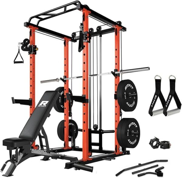 RitFit Multi-Function Squat Rack Power Cage PPC03 with Cable Crossover System, 1000LBS Capacity Power Rack and Packages with Optional Weight Bench, Barbell Weight Set, for Garage Workout & Home Gym