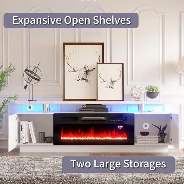 AMERLIFE Fireplace TV Stand with 36" Fireplace, 70" Modern High Gloss Fireplace Entertainment Center LED Lights, 2 Tier TV Console Cabinet for TVs Up to 80", Ivory White - Image 5