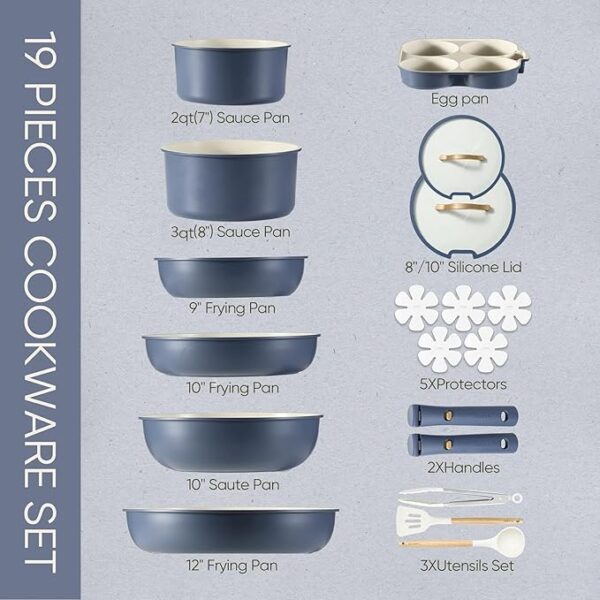 CAROTE 19pcs Pots and Pans Set, Nonstick Cookware Set Detachable Handle, Induction Kitchen Cookware Sets Non Stick with Removable Handle, RV Cookware Set, Gold and Blue - Image 6