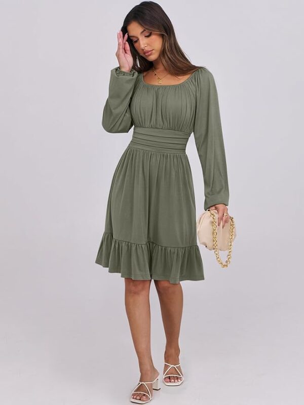 ANRABESS Womens Dress Long Lantern Sleeve Square Neck Elastic Waist Ruffle Flowy Swing A-Line Short Dresses Fall Fashion - Image 4