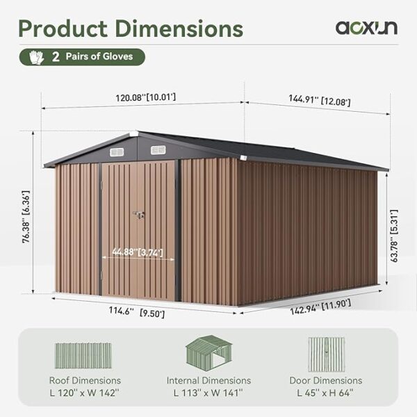 Aoxun 10x12 FT Outdoor Storage Shed, Steel Utility Tool Shed Storage House with Door & Lock, Metal Sheds Outdoor Storage for Garden Patio Lawn Poolside, Brown - Image 4