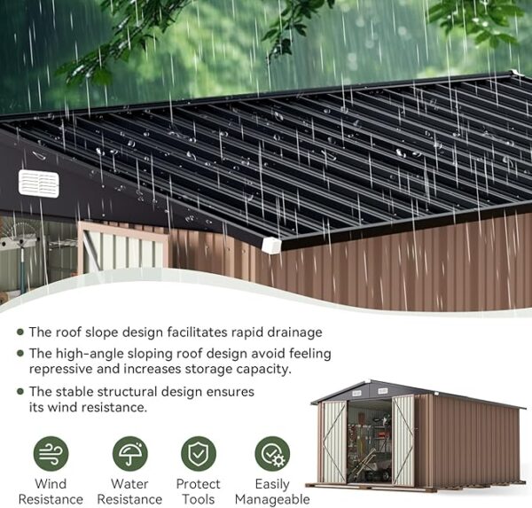 Aoxun 10x12 FT Outdoor Storage Shed, Steel Utility Tool Shed Storage House with Door & Lock, Metal Sheds Outdoor Storage for Garden Patio Lawn Poolside, Brown - Image 5