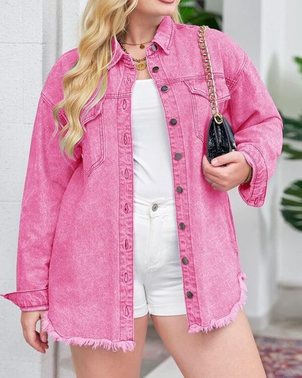 Vetinee Women’s Oversized Button Up Frayed Hem Shacket Long Sleeve Pockets Denim Jean Jacket - Image 5