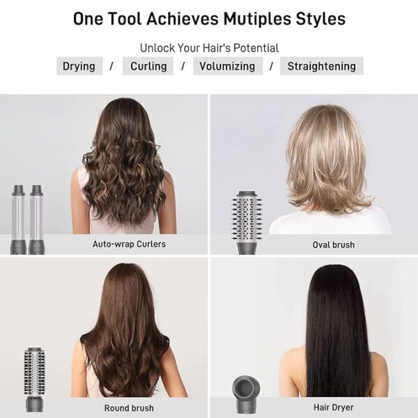 5 in 1 Hair Air Styler - Rotating Brush 110,000 RPM for Fast Drying, Automatic Wrap Curlers for Curling, Frizz-Free Styling Brush for Straightening and Volumizing with No Heat Damage (Gray) - Image 2