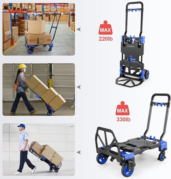 2-in-1Hand Truck Dolly Foldable with Folding Basket, 330LB Folding Hand Truck Heavy Duty Carrying, Combination of 4 Wheels and 2 Wheels Convertible Dolly Cart with Retractable Handle Dolly for Moving. - Image 5