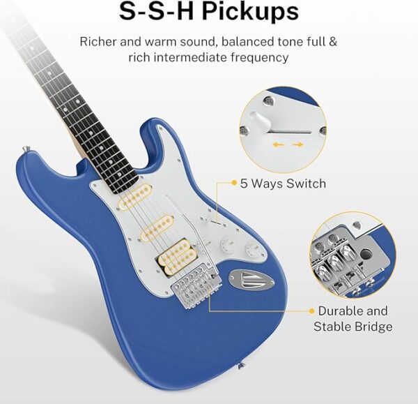 Donner DST-100T 39 Inch Electric Guitar Beginner Kit Solid Body Full Size Lake Blue HSS Pick Up for Starter, with Amplifier, Bag, Digital Tuner, Capo, Strap, String,Cable, Picks - Image 5