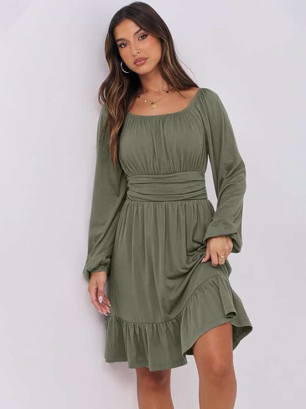 ANRABESS Womens Dress Long Lantern Sleeve Square Neck Elastic Waist Ruffle Flowy Swing A-Line Short Dresses Fall Fashion - Image 5
