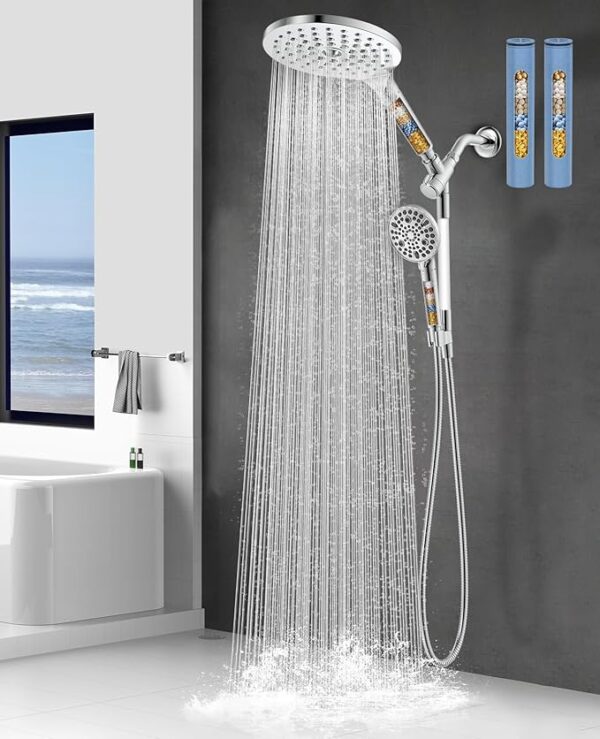 Dual Filtered Rain Shower Head Combo, High Pressure Handheld Shower Head with Adjustable Bar - Rainfall Shower Head And Showerhead with Filter for Hard Water - Removes Chlorine