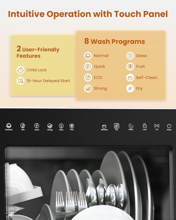 HAVA 2025 NEW Upgraded Countertop Dishwasher with Water Softener and Enhanced Energy Efficiency, Portable Dishwasher with 8 Wash Programs, Child Lock & Delayed Start Function, No Installation Needed - Image 5