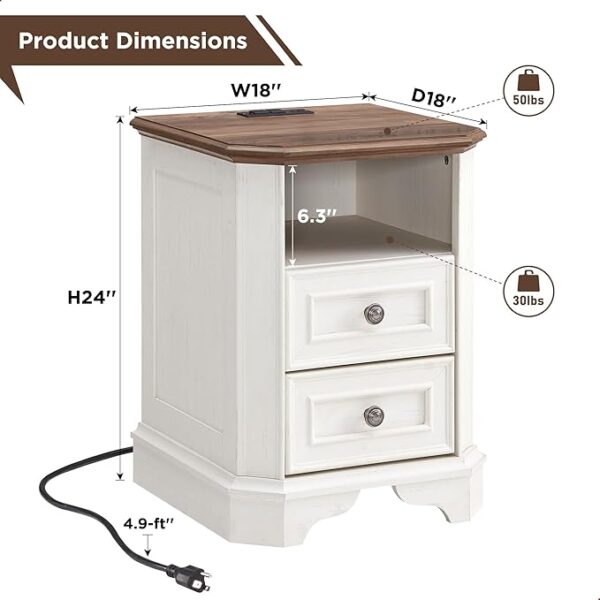 T4TREAM Farmhouse Nightstand with Charging Station, 18" End Table with 2 Drawers, Wood Side Table, Bedside Cabinet for Bedroom, Living Room (Antique White) - Image 5