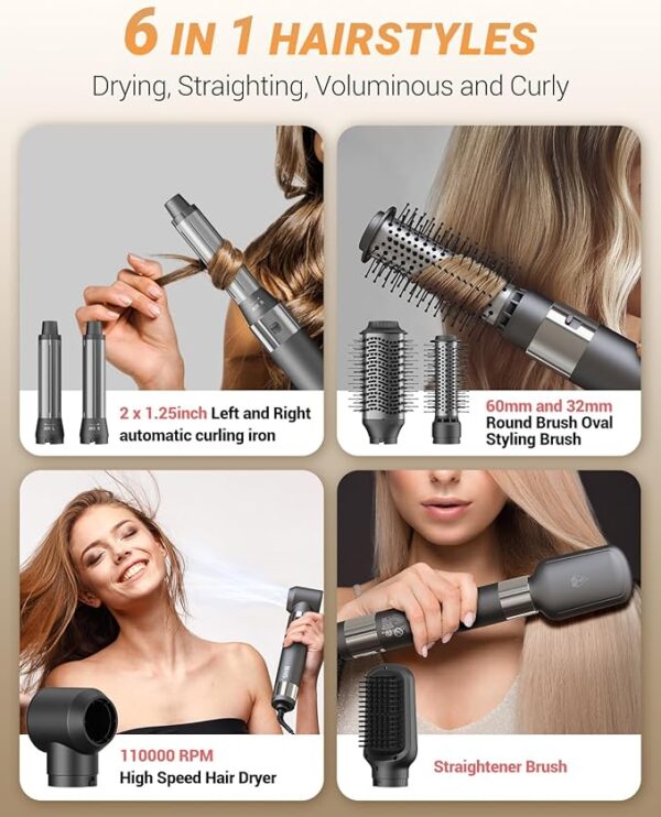 Hair Dryer Brush 6 in 1 Professional Hot Air Styler, 110,000 RPM High-Speed Negative Ionic Hair Dryer, Auto Wrap Curler Frizz-Free Blow Dryer Brush for Curling Volumizing Straightening Styling - Image 7