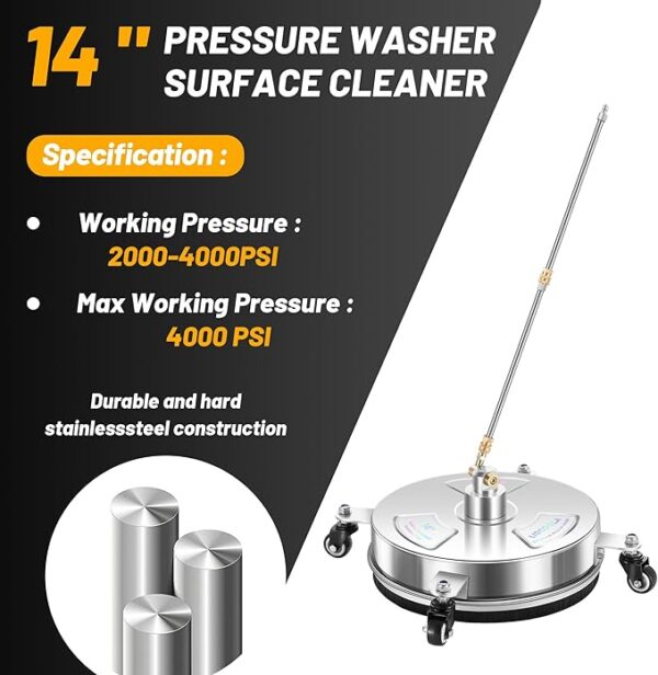 14" Pressure Washer Surface Cleaner with 4 Wheels - Stainless Steel Surface Cleaner for Pressure Washer Attachment for Concrete, Patio, Sidewalk, Deck and Driveways - PWS14 - Image 3