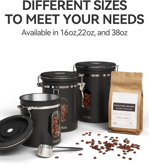 Veken 38oz Large Coffee Canister with Window, Airtight Stainless Steel, Kitchen Food Storage Container with Lids, Date Tracker and Scoop, Grounds Coffee Beans, Tea, Flour, Cereal, Sugar Jars, Black - Image 5