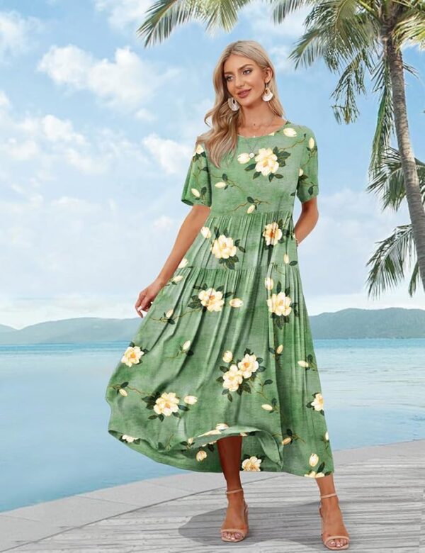 YESNO Women Casual Loose Bohemian Floral Dress with Pockets Short Sleeve Long Maxi Summer Beach Swing Dress EJF - Image 5