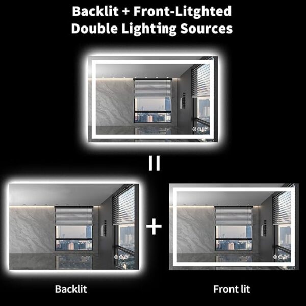 LOAAO 48X36 LED Bathroom Mirror with Lights, Anti-Fog, Dimmable, Backlit + Front Lit, Lighted Bathroom Vanity Mirror for Wall, Shatter-Proof, Memory Function, ETL Listed - Image 3