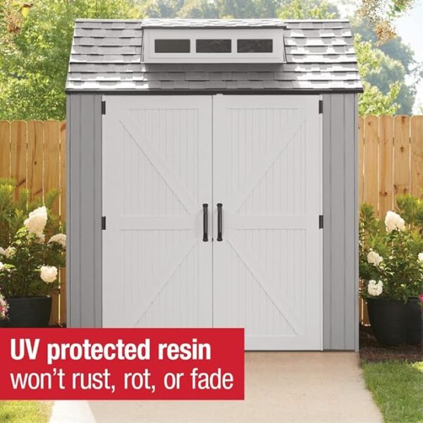 Rubbermaid Resin Outdoor Storage Shed With Floor (7 x 7 Ft), Weather Resistant, Gray, Organization for Home/Backyard/Garden Tools/Lawn Mower/Bike Storage/Pool Supplies - Image 4
