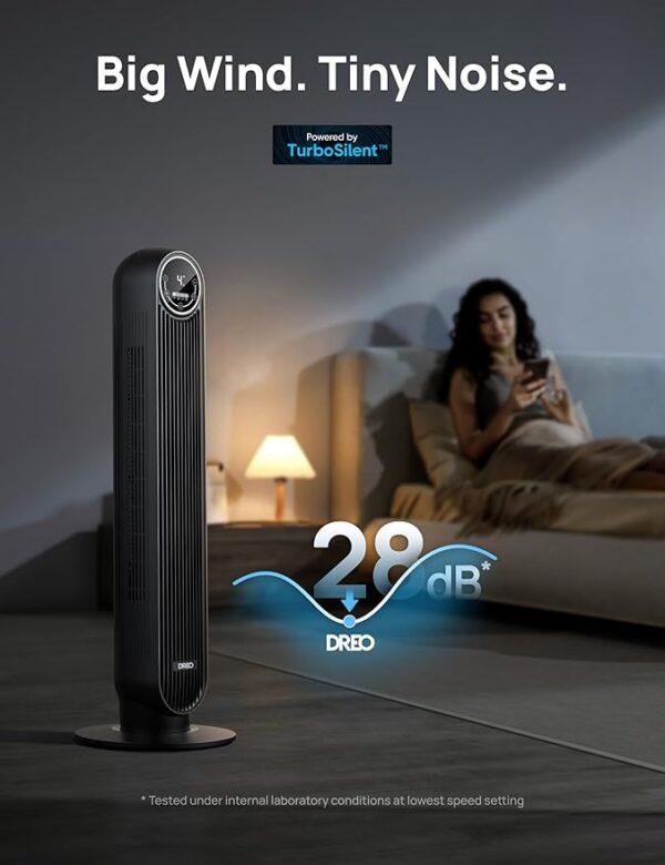 Dreo Tower Fan for Bedroom, 25ft/s Velocity 28dB Quiet Floor Fan, 90° Oscillating Fans for Indoors with 4 Speeds, 4 Modes, 8H Timer, Bladeless Standing Fan, Black, Nomad One (DR-HTF007) - Image 3