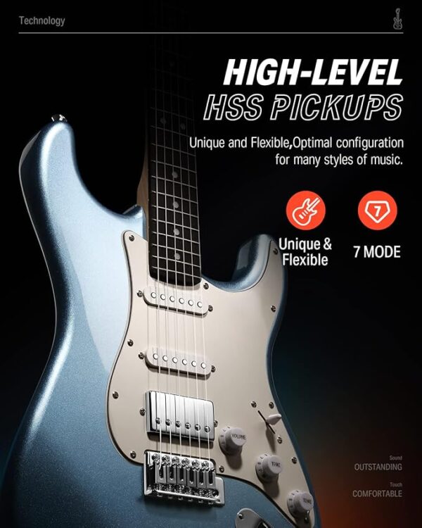 Donner DST-152R Electric Guitar, 39" Beginner Electric Guitar Kit, HSS Pickup with Coil Split, Guitar Starter Set with Amp, Bag, All Accessories, Metallic Ice Blue - Image 6
