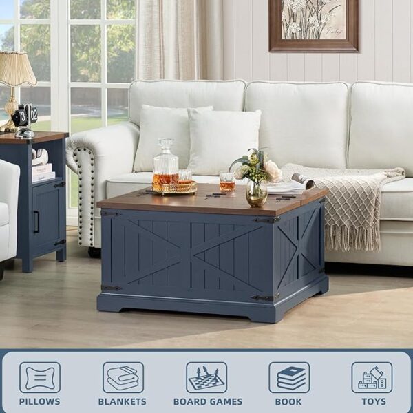 Farmhouse Coffee Table with Large Hidden Storage Compartment, Navy Blue Square Center Table, Wood Rustic Low Modern Living Room Tables with Hinged Lift Brown Top & Wooden Arc Base - Image 3