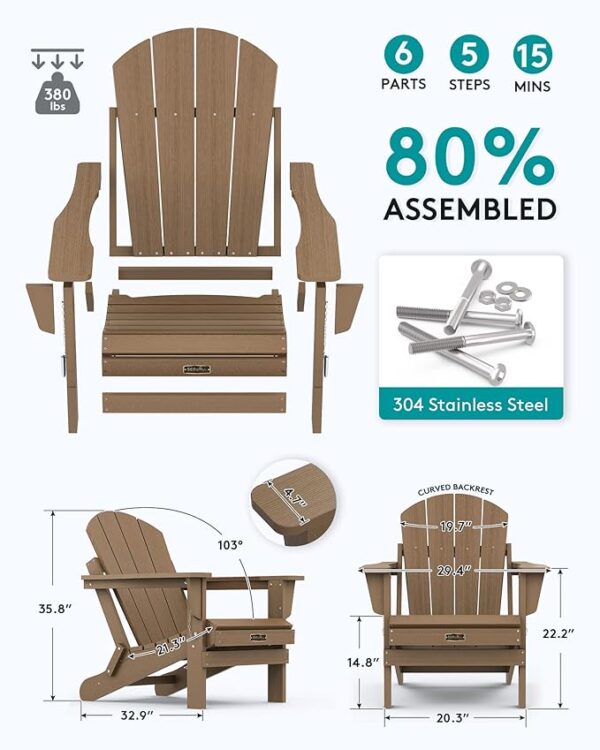 SERWALL Folding Adirondack Chair Set of 2 Outdoor Chairs Painted Adirondack Chair Weather Resistant for Patio Deck Garden, Backyard Deck, Fire Pit- Brown - Image 3