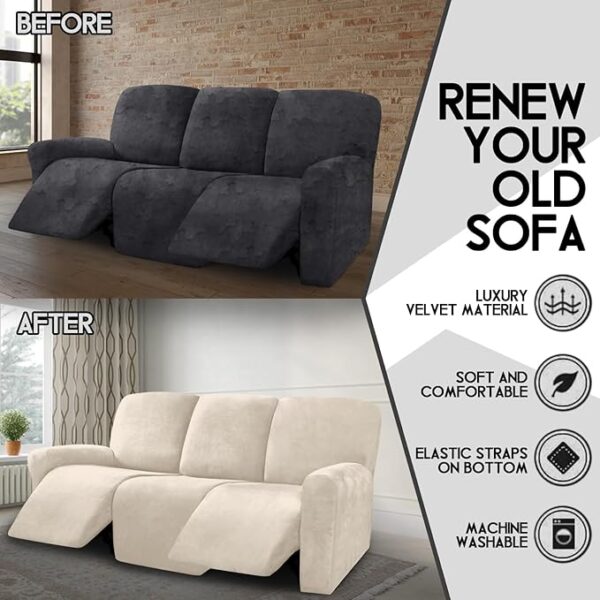 ULTICOR Velvet 8-Pieces Recliner Sofa Covers Stretch Reclining Couch Covers for 3 Cushion Reclining Sofa Slipcovers Furniture Covers Thick Soft Washable (3 Seater Recliner Cover, Ivory) - Image 3