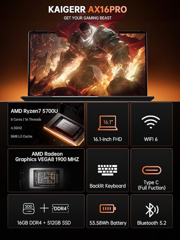 Gaming Laptop, Laptop with AMD Ryzen 7 5700U (8C/16T, Up to 4.3GHz), 16GB RAM 512GB NVMe SSD Laptop Computer, Radeon RX Vega 8 Graphics, 16.1-inch FHD Display, WiFi 6, 53Wh Battery, Backlit KB - Image 7
