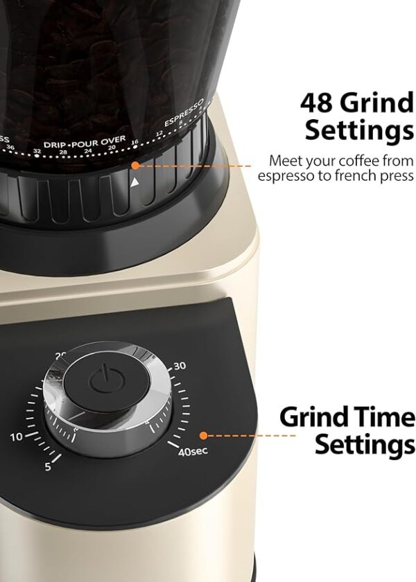 Aromaster Conical Burr Coffee Grinder Electric,Coffee Bean Grinder with 48 Gind Settings for Home Use,40 Seconds Adjustable Timer,Stainless Steel,Anti-static,Beige - Image 3
