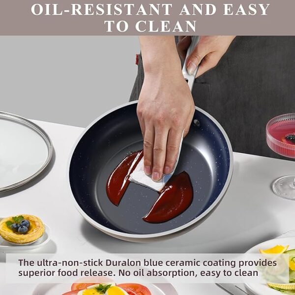 Nuwave Healthy Duralon Blue Ceramic Nonstick Cookware Set, Diamond Infused Scratch-Resistant, PFAS Free, Dishwasher & Oven Safe, Induction Ready & Evenly Heats, Tempered Glass Lids & Stay-Cool Handles - Image 6