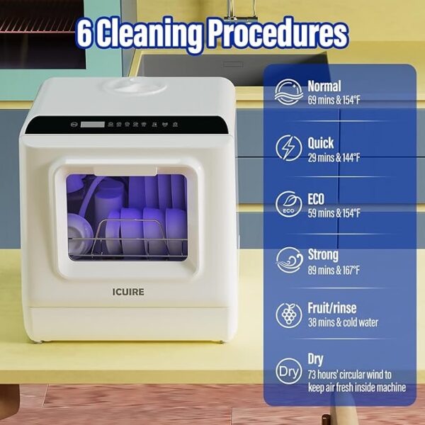 ICUIRE Portable Dishwasher, Countertop Dishwasher with 5L Built-in Water Tank & Inlet Hose, Mini Machine with 6 Programs, 360°Dual Spray, No Hookup Needed, Apartment/Dormitory/Motorhome - Image 2