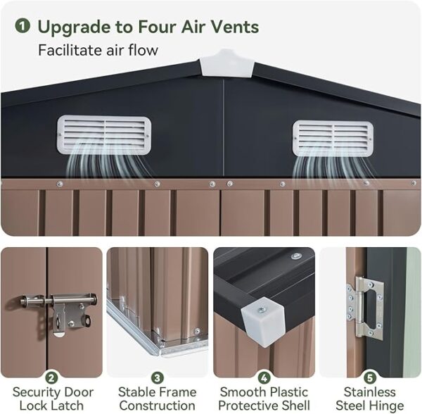 Aoxun 10x12 FT Outdoor Storage Shed, Steel Utility Tool Shed Storage House with Door & Lock, Metal Sheds Outdoor Storage for Garden Patio Lawn Poolside, Brown - Image 3