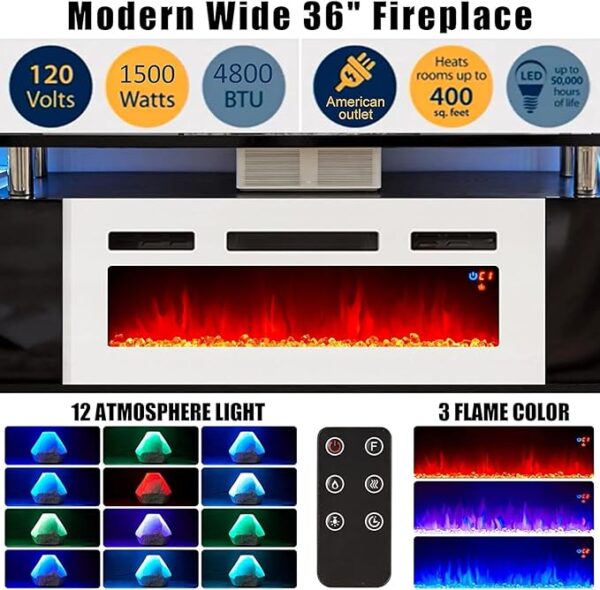 AMERLIFE Fireplace TV Stand with 36" Fireplace, 70" Modern High Gloss Fireplace Entertainment Center LED Lights, 2 Tier TV Console Cabinet for TVs Up to 80", Ivory White - Image 4
