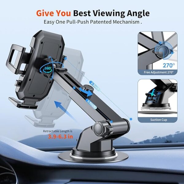 Upgraded 3-in-1 Car Phone Holder Mount [Powerful Suction] Phone Mount for Car Dashboard Air Vent Windshield,for All iPhone Android Phone (Black) - Image 2