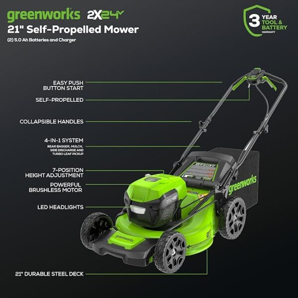 Greenworks 48V (2x24V) 21" Brushless Mower+12" String Trimmer+320CFM Blower,(2) 5.0Ah Batteries and 4A Dual Port Charger - Image 3