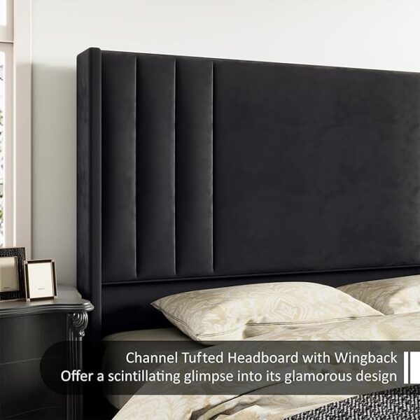 AMERLIFE King Size Bed Frame, Velvet Upholstered Platform Bed with Vertical Channel Tufted Headboard & Footboard/Wingback, Mattress Foundation with Wood Slats, No Box Spring Needed, Black - Image 2