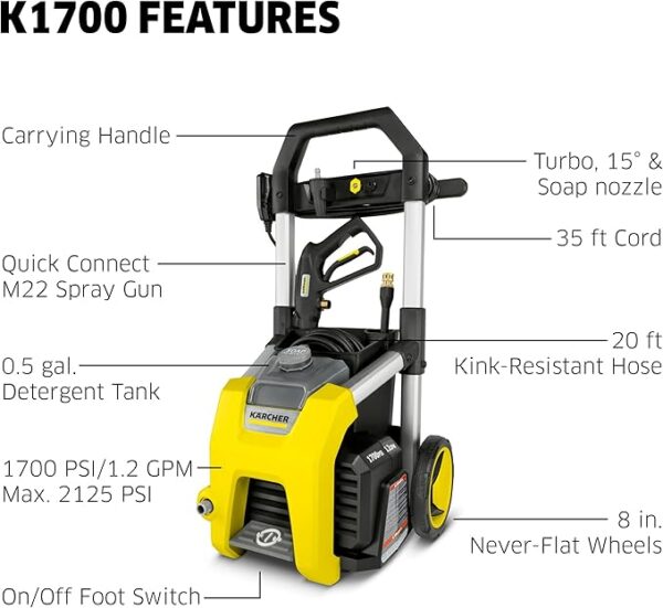 Kärcher Pressure Washer K1700, Max 2125 PSI, 3 Spray Nozzles, Detergent Tank, For Cars, Driveways, Siding, Patios, 1.46 max. GPM - Image 2