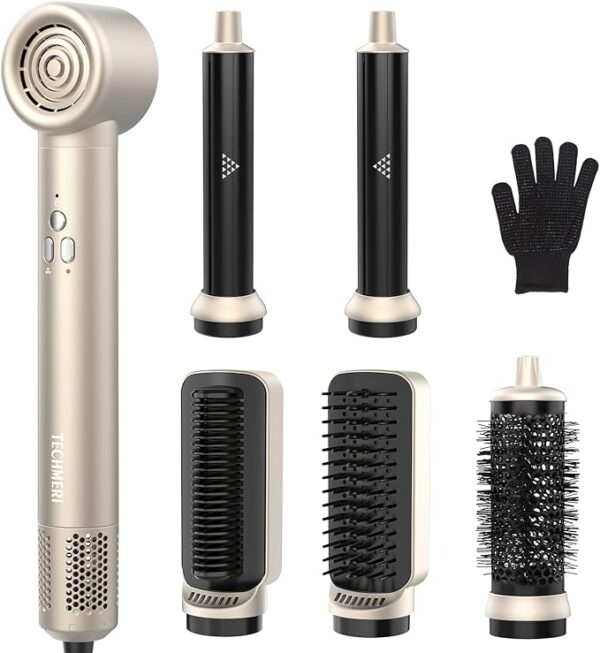 Hair Dryer Brush TECHMERI 6 in 1 Blow Dryer Brush Ions, Detachable Hair Styler Tools, Auto Wrap Curler, Hot Air Brush for Drying, Straightening and Volumizing, High Speed