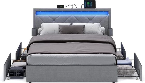 VASAGLE LED Bed Frame Queen Size, 36.7/39.3 Inches, with Headboard and 4 Drawers, 1 USB Port and 1 Type C Port, Adjustable Upholstered Headboard, No Box Spring Needed, Light Gray URMB821G01