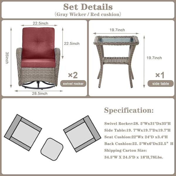 Swivel Patio Chairs Wicker Set - Outdoor Swivel Rocker Chair with Side Table, 3 Piece Patio Glider Chairs Furniture Set with Water-Resistant Cushions for Deck Porch Sunroom - Image 6