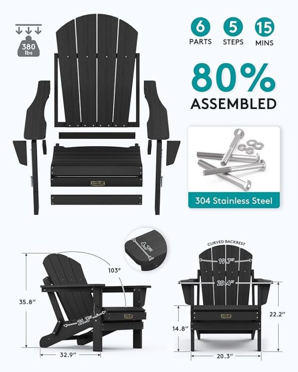 SERWALL Foldable Adirondack Chair Set of 4 for Patio Garden Outdoors Fire Pit-Black - Image 4