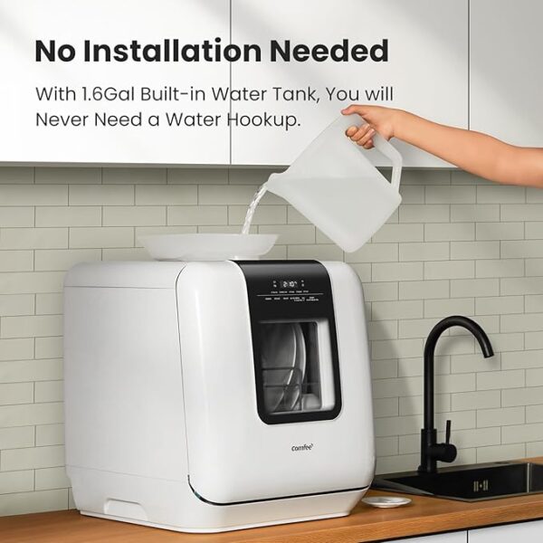 COMFEE' Countertop Dishwasher, Portable Dishwasher with 6L Built-in Water Tank, Mini Dishwasher with More Space Inside, 7 Programs, UV Hygiene& Auto Door Open, for Apartments, Dorms& RVs, White - Image 6
