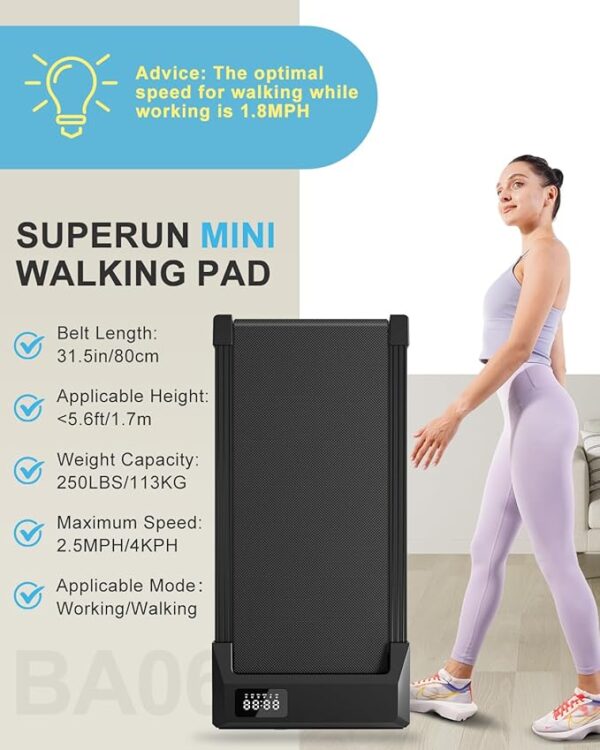 SupeRun Walking Pad, Under Desk Treadmill, 3 in 1 Portable Treadmill with Remote Control LED Display, 2.5 HP Quiet Walking Jogging Machine for Office Home Use, 250 Lbs Capacity - Image 6