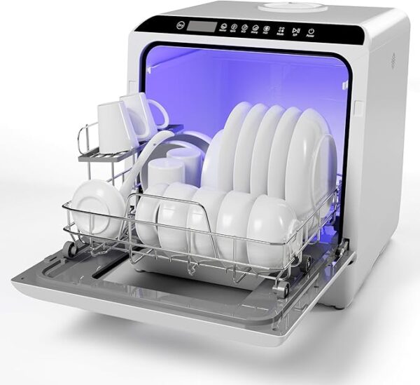 ICUIRE Portable Dishwasher, Countertop Dishwasher with 5L Built-in Water Tank & Inlet Hose, Mini Machine with 6 Programs, 360°Dual Spray, No Hookup Needed, Apartment/Dormitory/Motorhome